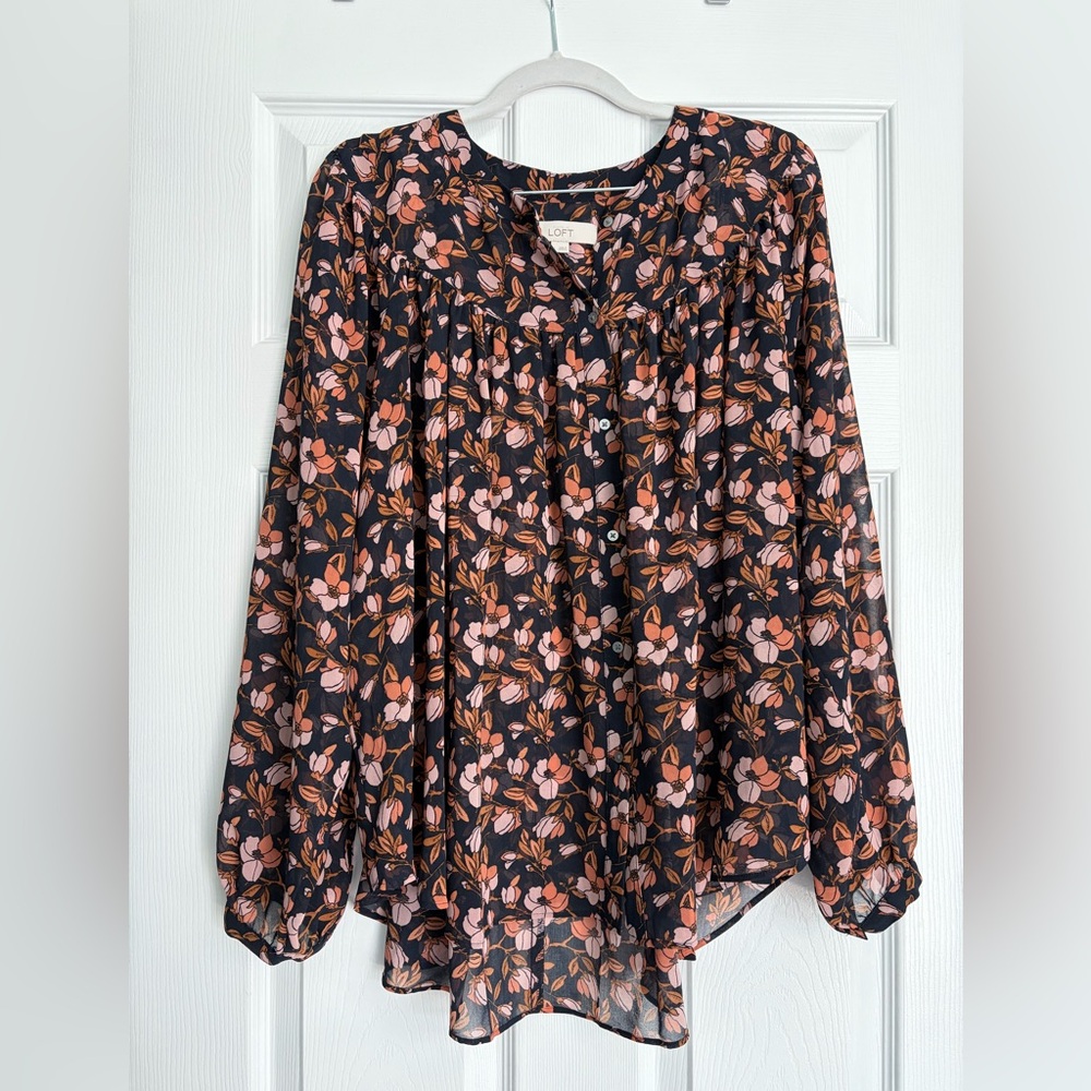 LOFT Women's Floral Blouse - Navy and Pink